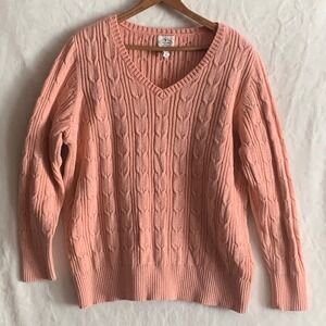 St Johns Bay Womens 1X Sweater Coral Pink Classic Cable Knit V Neck Sparkle Y2K